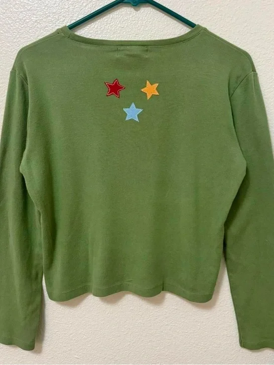 Spiral and stars handmade patches vintage green long sleep top pocket detail - Picture 2 of 5